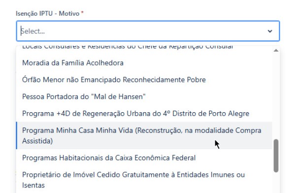 Item específico no serviço de requerimento de Isenção de IPTU