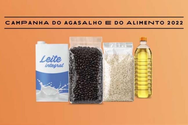 Fotos de um litro de leite, um pacote de feijão e de arroz e de uma lata de óleo, com o texto: Campanha do Agasalho e do Alimento 2022