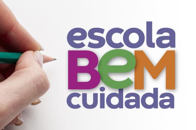 Imagem de uma mão segurando um lápis + Texto Escola bem cuidada