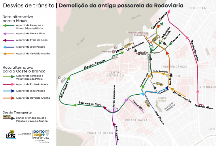 mapa com desvios para obra de remoção do que sobrou da passarela da Rodoviária