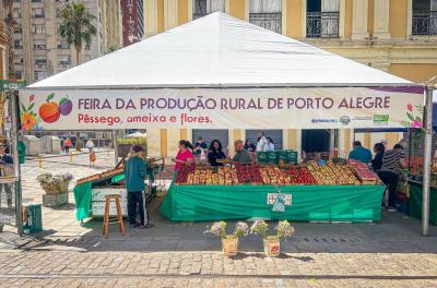 Produtores rurais comercializam pêssego, ameixa e flores no Largo Glênio Peres