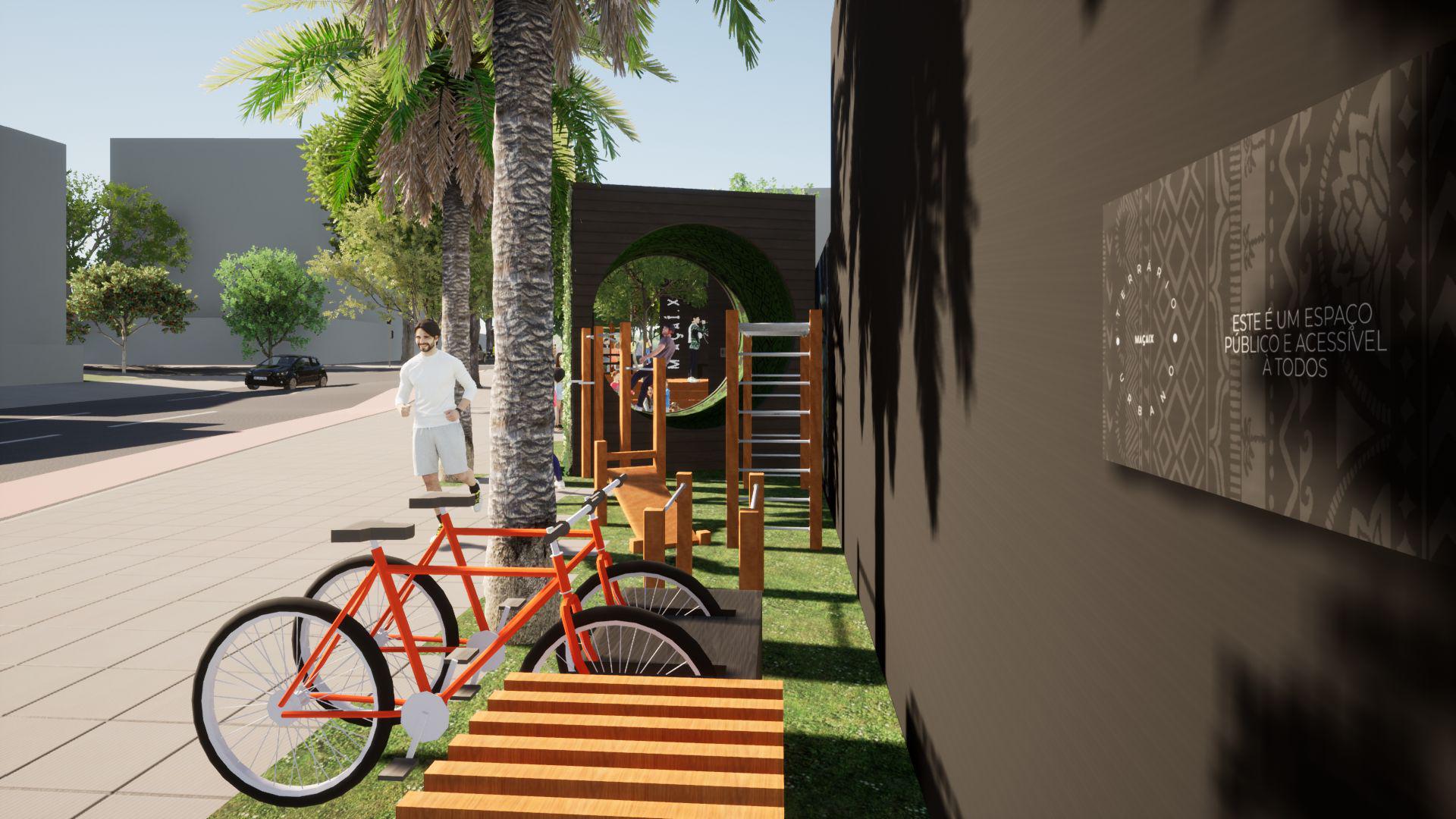 Ilustração conceito para terrário urbano, exibindo detalhe do bicicletário e alguns equipamentos de ginástica