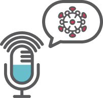 Ilustração de microfone com balão de fala contendo coronavírus