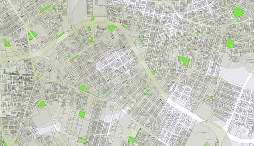 Ilustração de mapa de cidade, destacando os espaços verdes como praças e parques